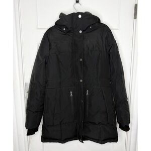 Pajar Canada Black Down Puffer Parka Coat Hood Full Zip Pockets Logo L G
